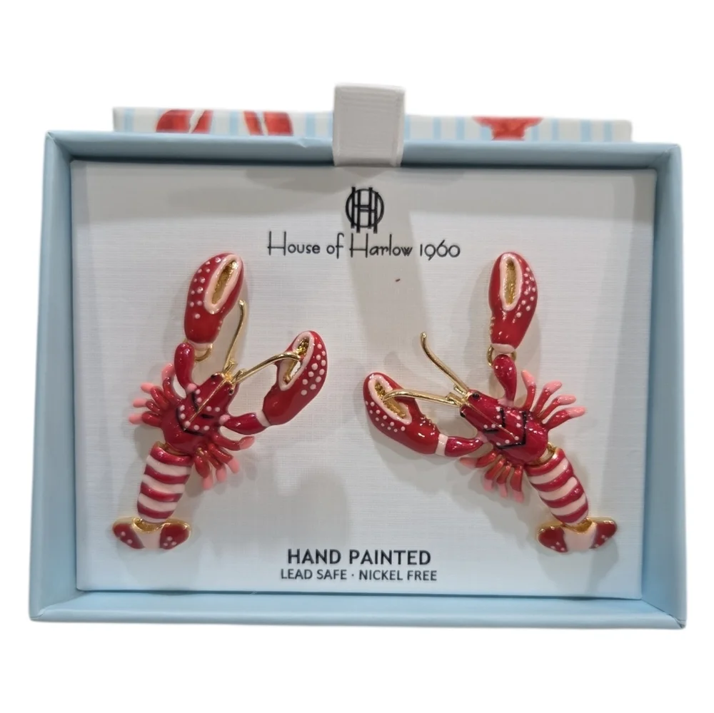 🦞🔹️House of Harlow 🔹️1960 Red Lobster Stud Hand Painted  Earrings